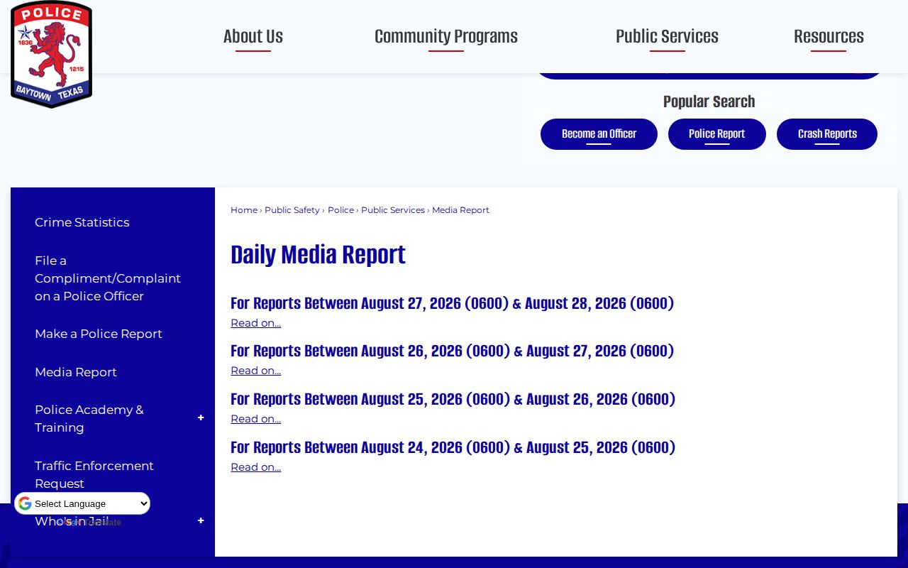 Baytown official daily media report for Baytown arrest and booking records