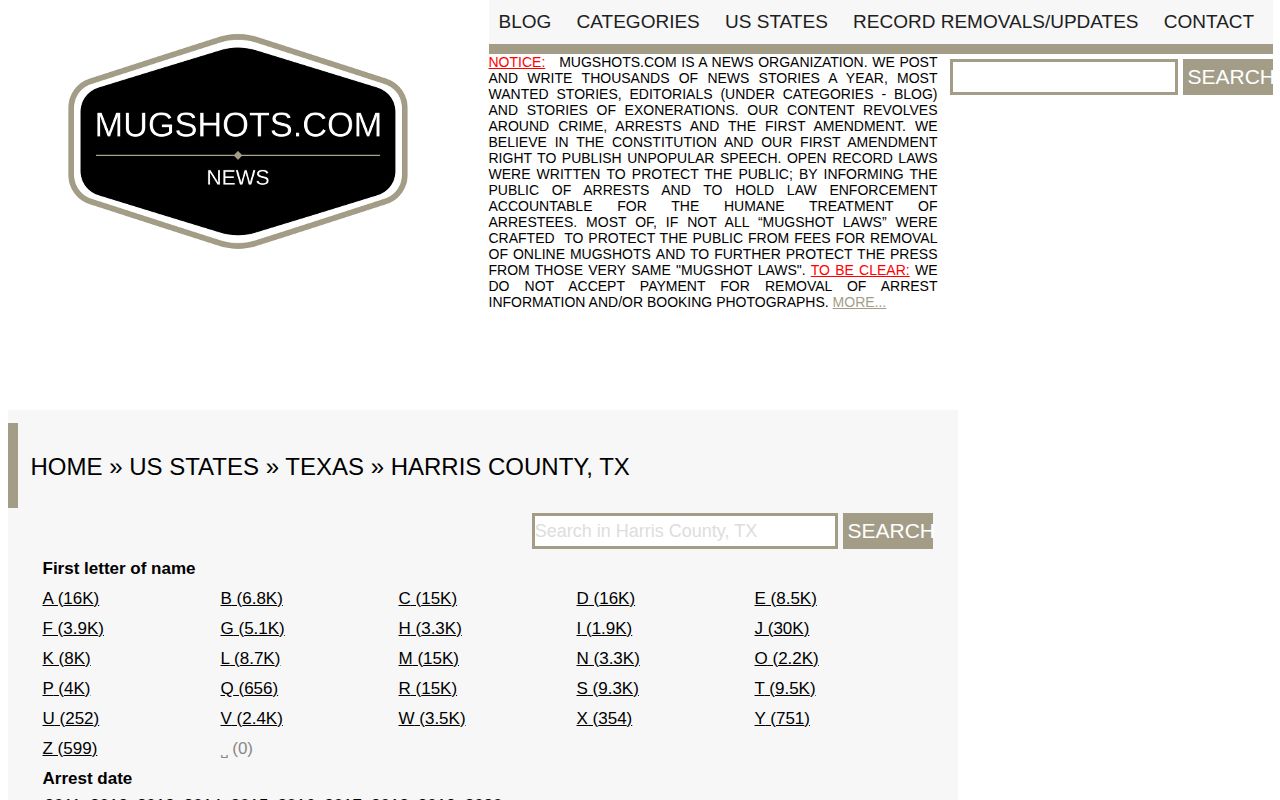 Mugshots.com Harris County unofficial third-party mugshot index page