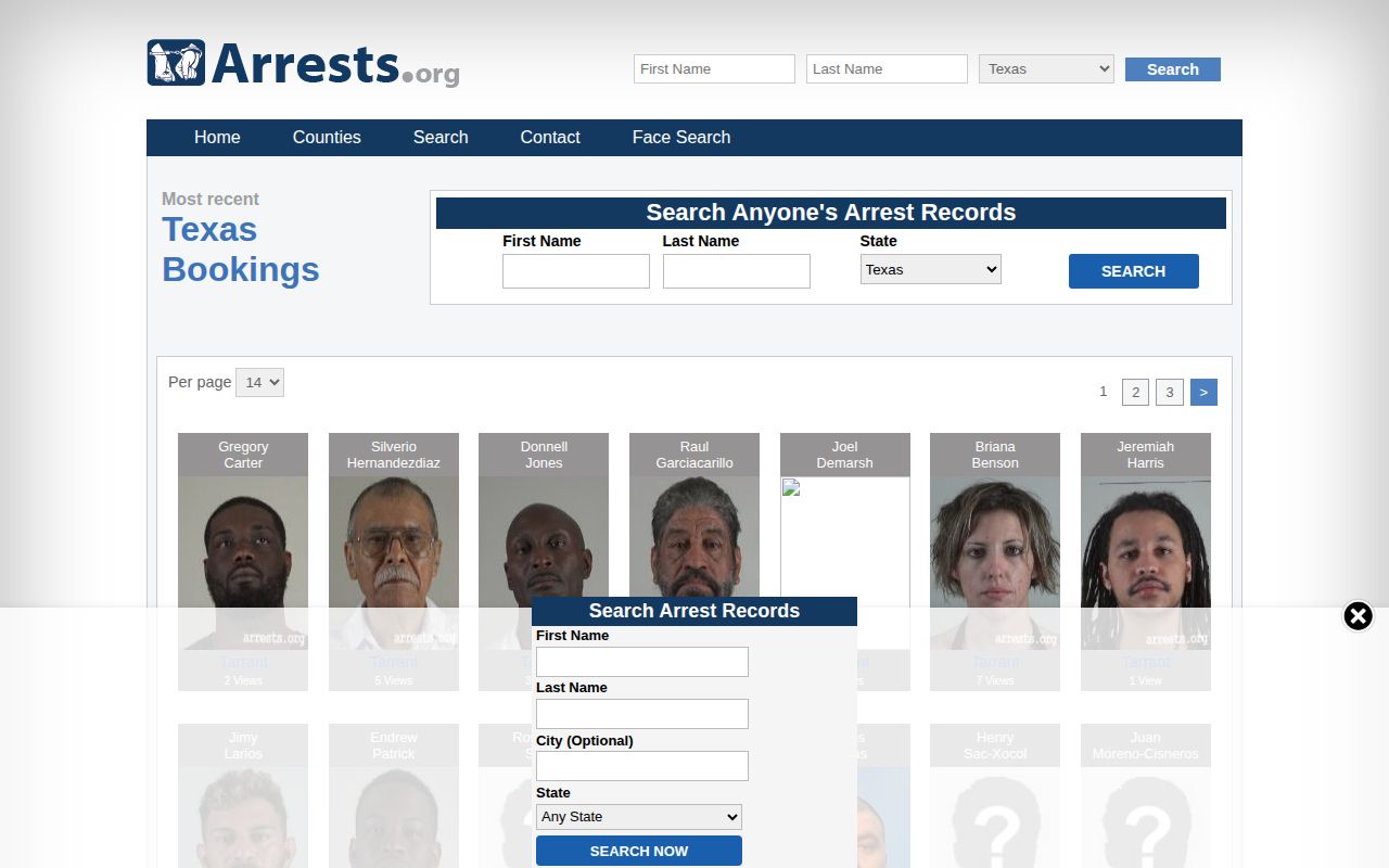 Texas Arrests statewide county selector, an unofficial source without a verified stable Harris County page