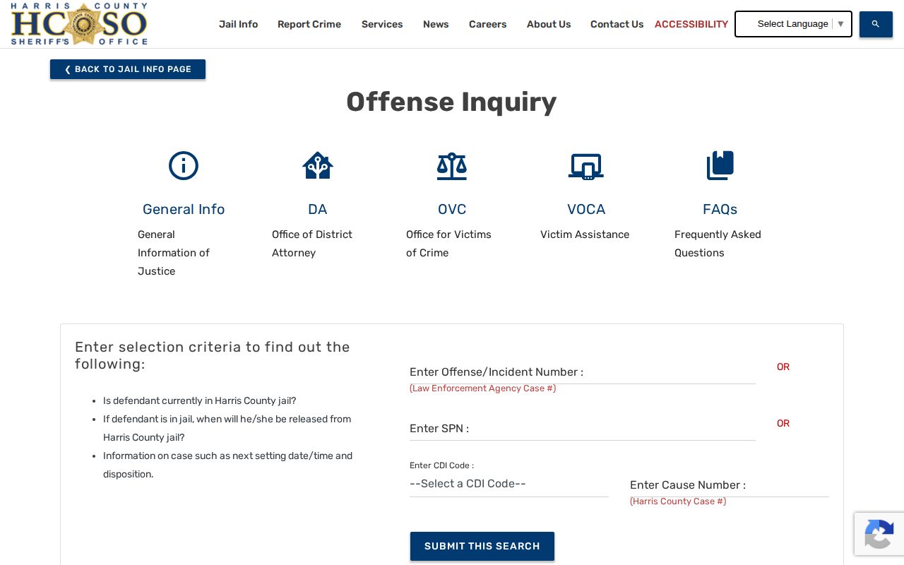Harris County booking and case disposition search form