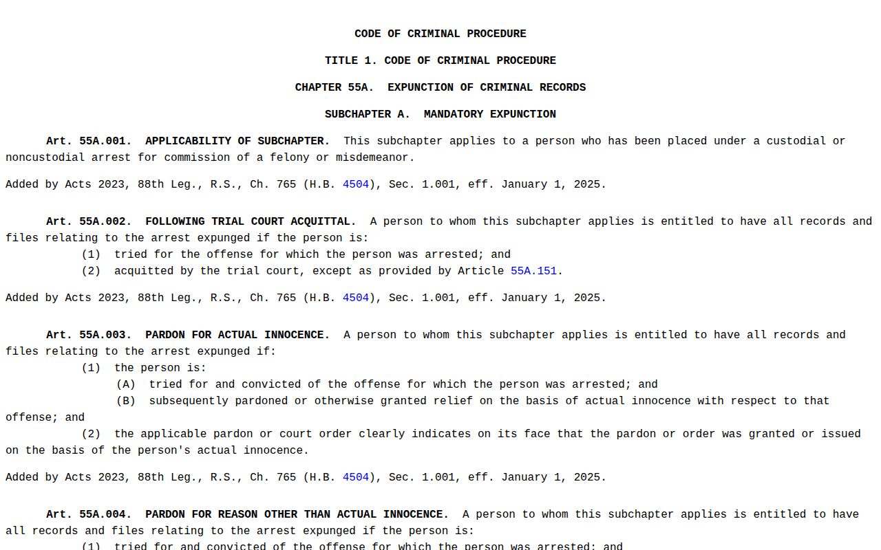 Harris County expunction record law in Texas Code Chapter 55A