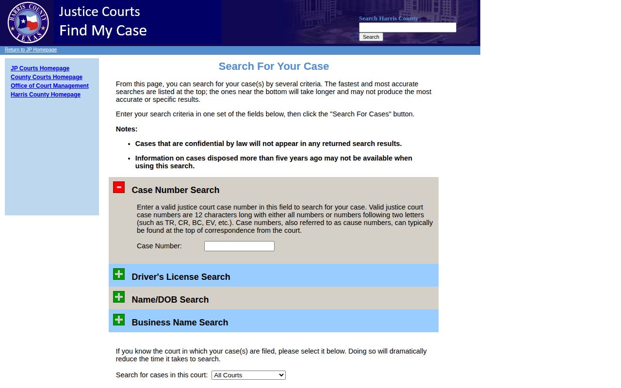 Harris County justice court case search page for warrant-related court follow-up