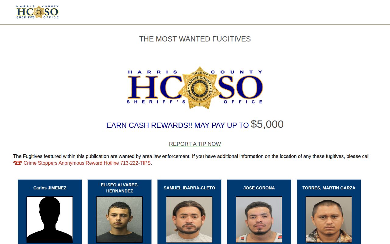 Harris County Sheriff official Most Wanted fugitives list and wanted-notice fields