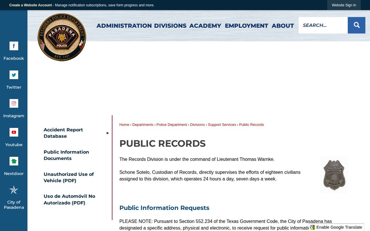 Pasadena Police Department public records request page for Pasadena arrest records